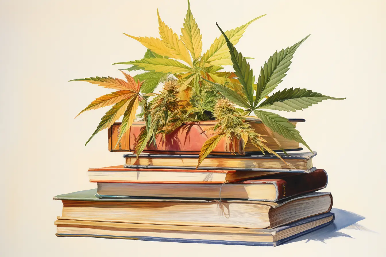 Cannabisblätter, die einen Haufen Bücher umrahmen